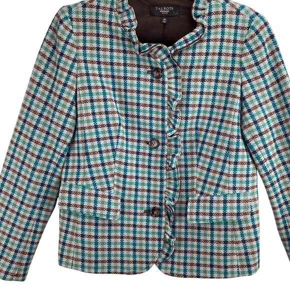 Talbots Plaid Blazer Jacket Size 10P Wool Blend Plaid Ruffle Brown/Teal - Picture 5 of 11